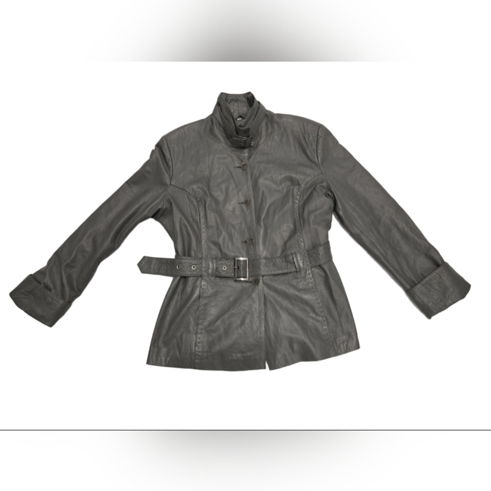 Vintage Roberto Cavalli lGrey Leather Belted Jacket SZ 52